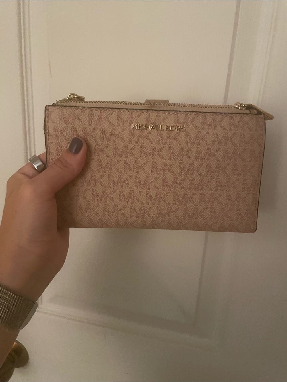 Michael Kors Pink Logo Zip Wristlet with Gold Hardware